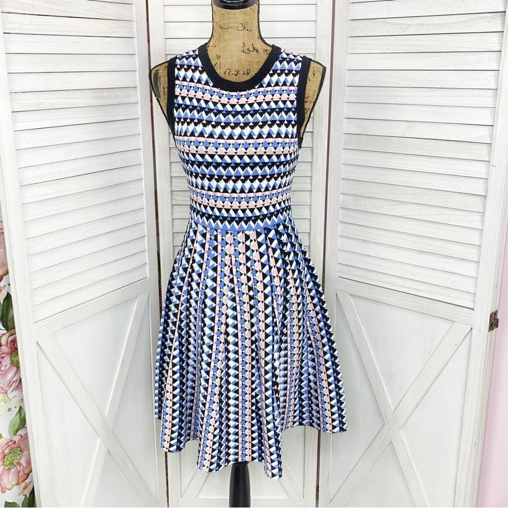 Susan Monaco Stitch Fix Geometric Print Fit‎ & Flare Dress Blue Pink Small